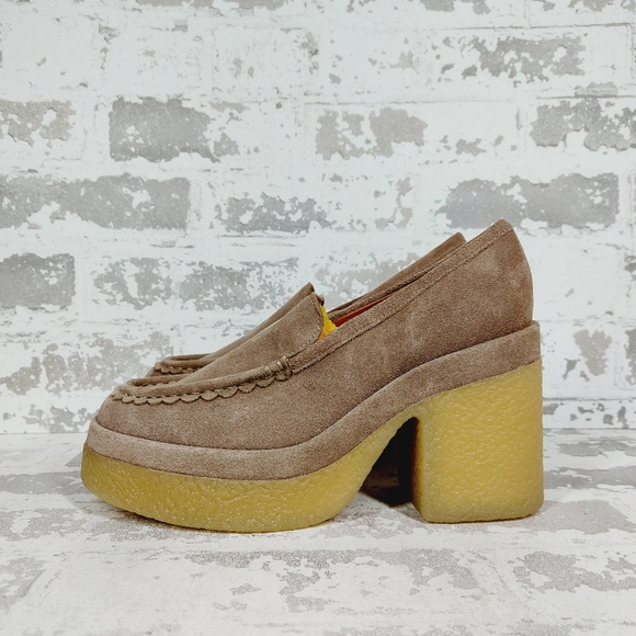 Marc Fisher Shoes - Marc Fisher Taupe Suede Platform Loafers with Yellow Crepe Sole